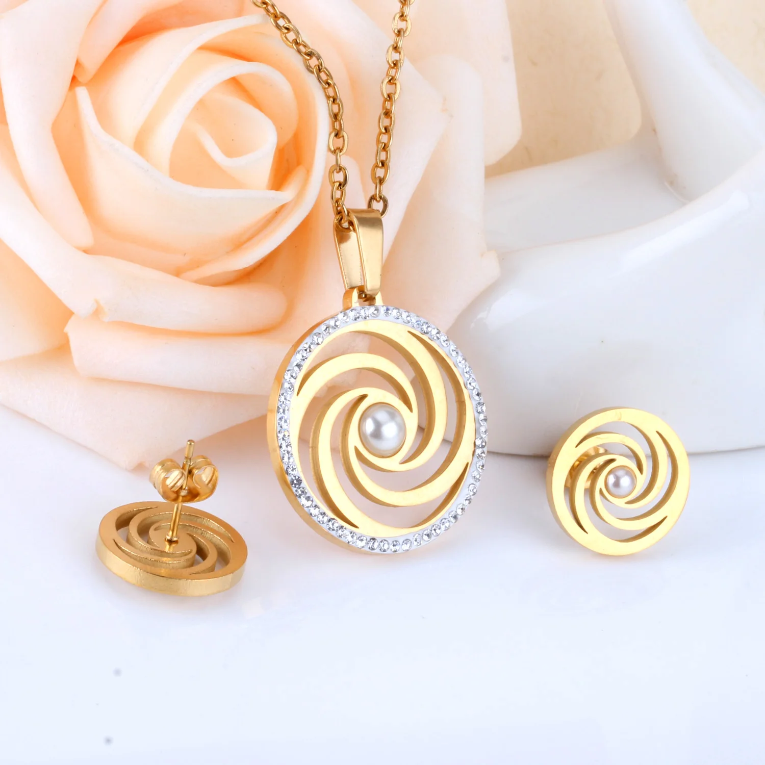 LUXUSTEEL Crystal Necklace Set For Women Stainless Steel Imitation Pearl Round Pendant Necklace Collars Christmas Sets Wholesale image 2