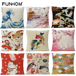 Japanese Fuji Cherry Cushion Cover Home Decorative Pillows Japan Ukiyo-e Wave Pillow Cover Linen Pillow Case Cojines Almofada