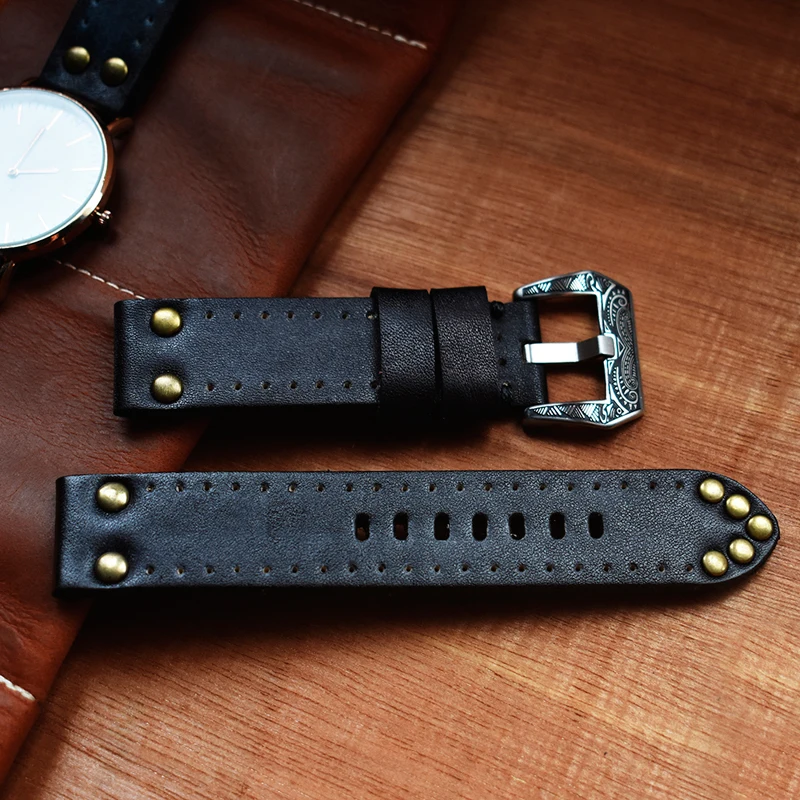 Watch Bracelet Band 18mm 20mm 22mm 24mm Watch Strap Vintage Leather Thick Watchband with Rivet for Watch Accessories KZC02