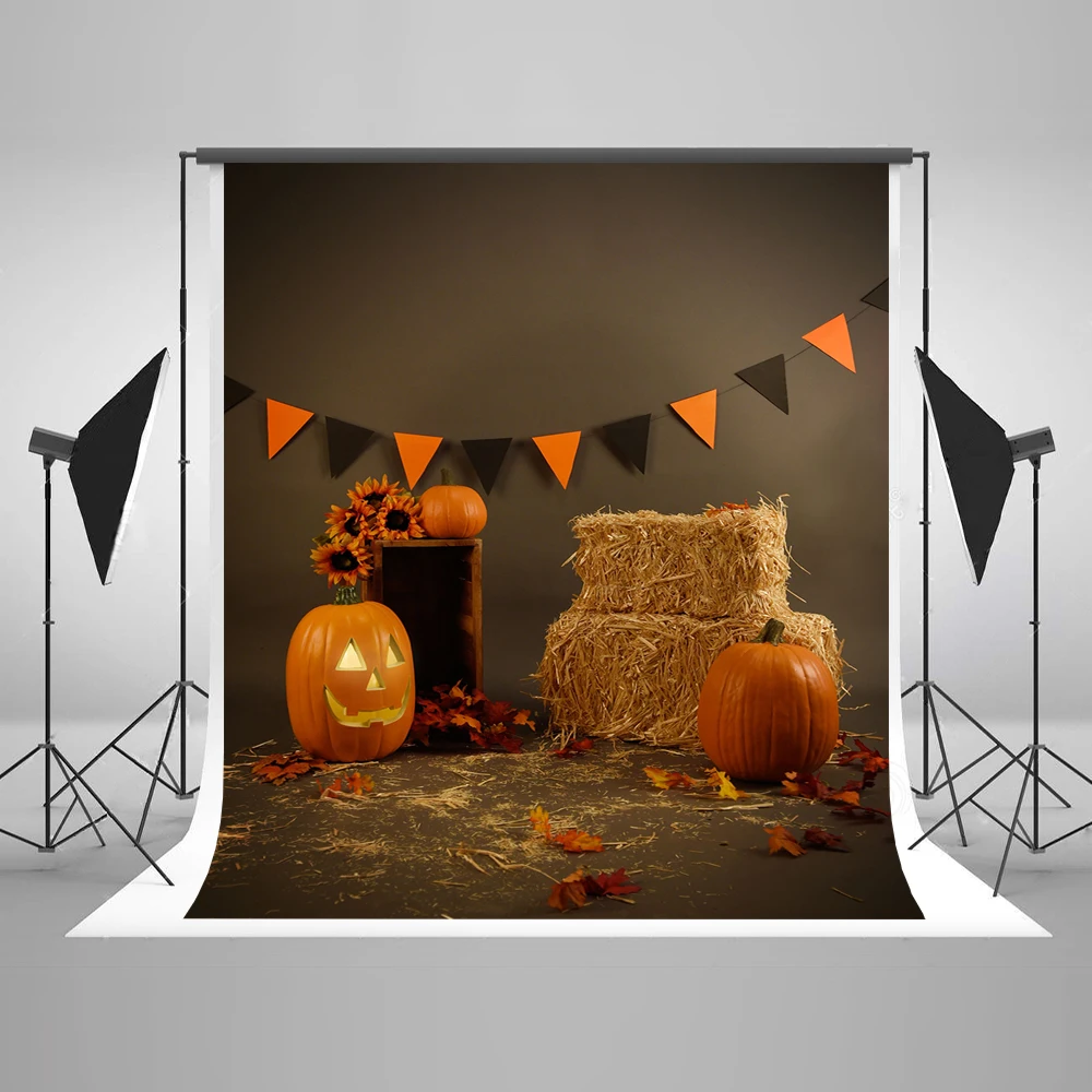 VinylBDS Children Photography Backdrops Halloween Haystack Pumpkin Background Photography Backdrop Colored Flag Photo Background