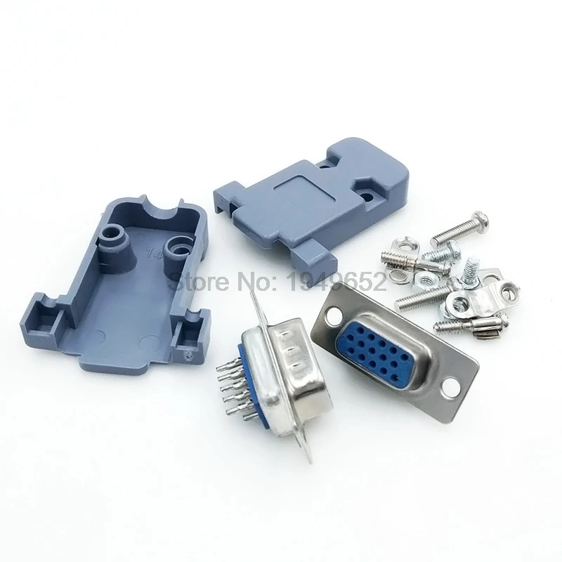 DB15 15 hole pin 3 rows Parallel VGA Port Adapter male female plug socket Solder Welded Connector+Plastic Shell Cover