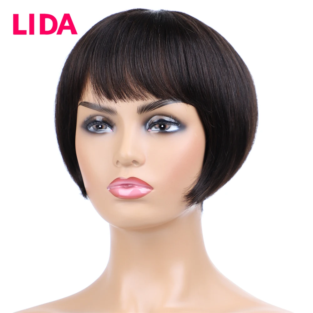 Lida-Perruque BOBO Brésilienne Naturelle Non Remy, Cheveux Courts Lisses, 8 Pouces, Faite à la Machine, Taille Moyenne, Toutes les Couleurs