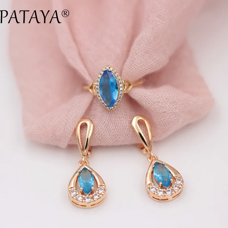 PATAYA New Exclusive 585 Rose Gold Color Drop Earrings Rings Sets Horse Eye Blue Natural Zirconia Women Wedding India Jewelry