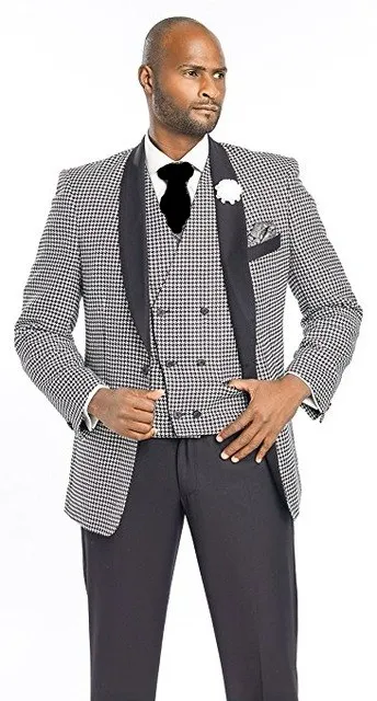 

High Quality One Button Houndstooth Groom Tuxedos Shawl Lapel Groomsmen Mens Wedding Prom Suits (Jacket+Pants+Vest+Tie) NO:60