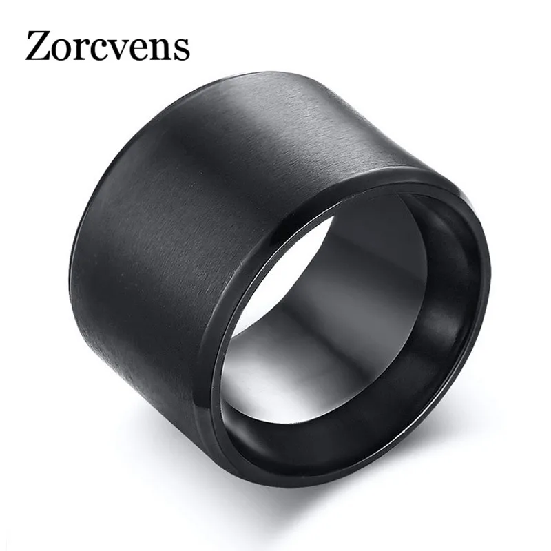 ZORCVENS New Fashion 15mm Men Band Black Stainless Steel Wide Bulky Ring for Man Punk Male Alliance Anel