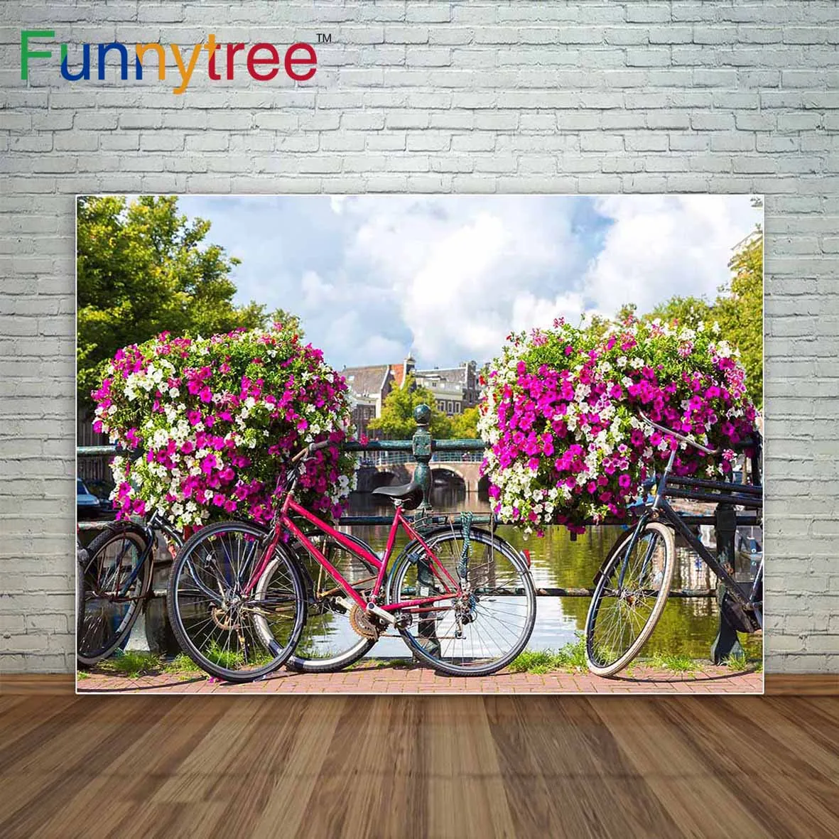 

Funnytree Bicycles on bridge over Amsterdam canal background decoration backgrounds for photo studio for the photo