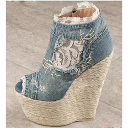 2018 Denim Platform Heels Reep Toe Blue Woman Sandal High Heels Wedges Lace Decor Sandals Cut outs Side Zip Woman Summer Sandal