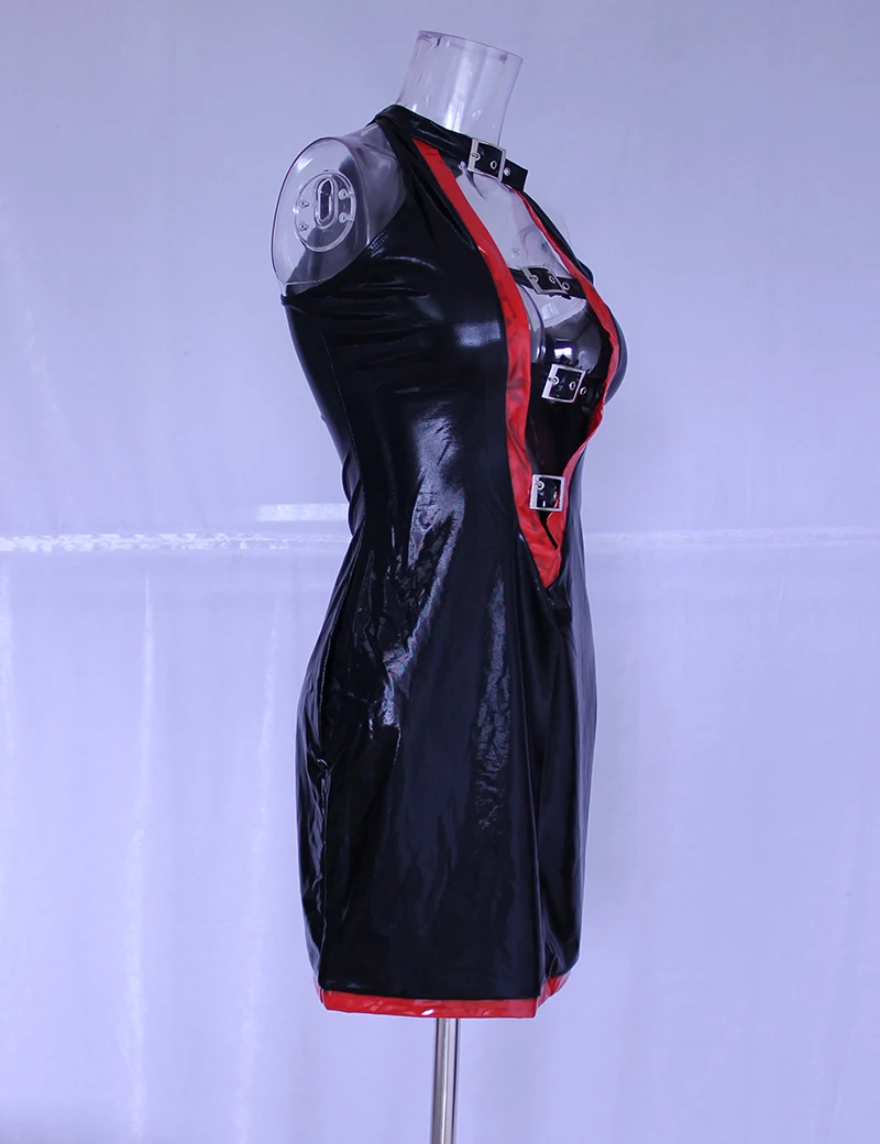 الساخن مثير فو جلدية أكمام البسيطة اللباس جنسي العميق الخامس الرقبة أبازيم تصميم جبهة مفتوحة clubwear اللباس W201135