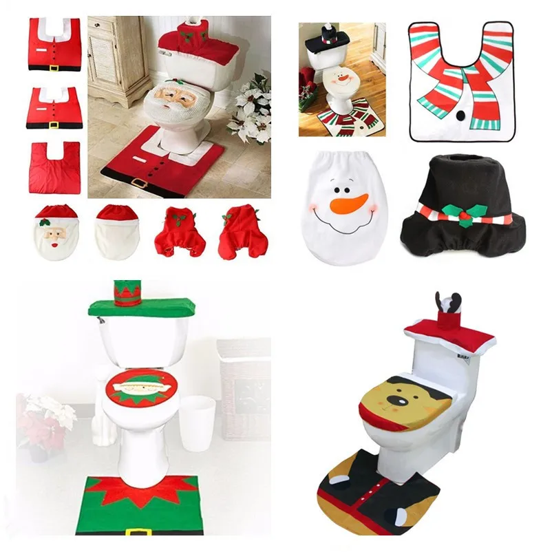 Santa Toilet Seat Cover and Rug Set, Christmas Decorations, 5 Styles, Bathroom Set, Contour Rug, Home Supplies, 3Pcs