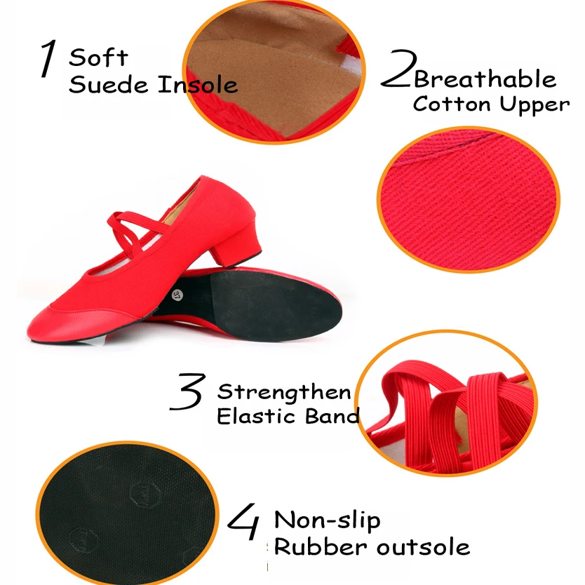 Teacher Dance Shoes Canvas Leather Ballet Shoes Square Low Heel Dancing Shoes Black/Red Girls Women\'s Shoes Teaching Practice