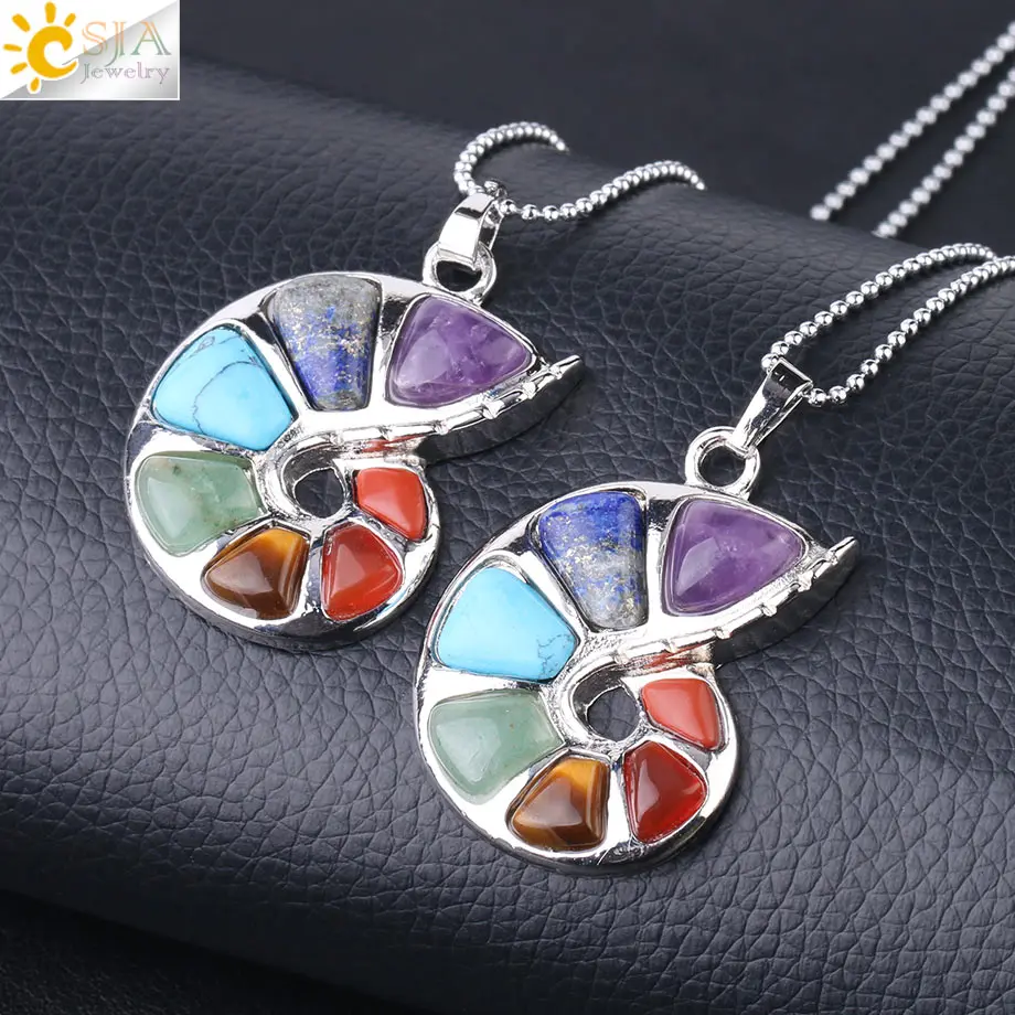 CSJA Spiral Shape Pendant Natural Stone 7 Chakra Necklaces & Pendants for Women Men Yoga Reiki Healing Bead Fashion Jewelry F737