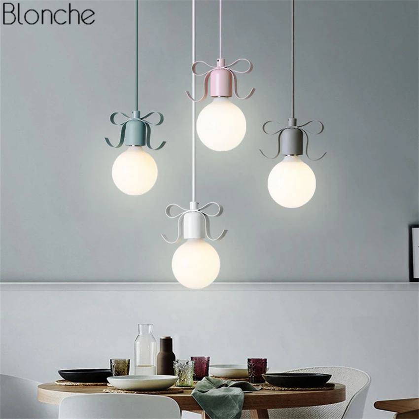 Modern Bow-knot Pendant Lights Nordic LED Hanging Lamp for Children's Room Bedroom Bedside Lamp Home Decor Lighting Fixtures E27