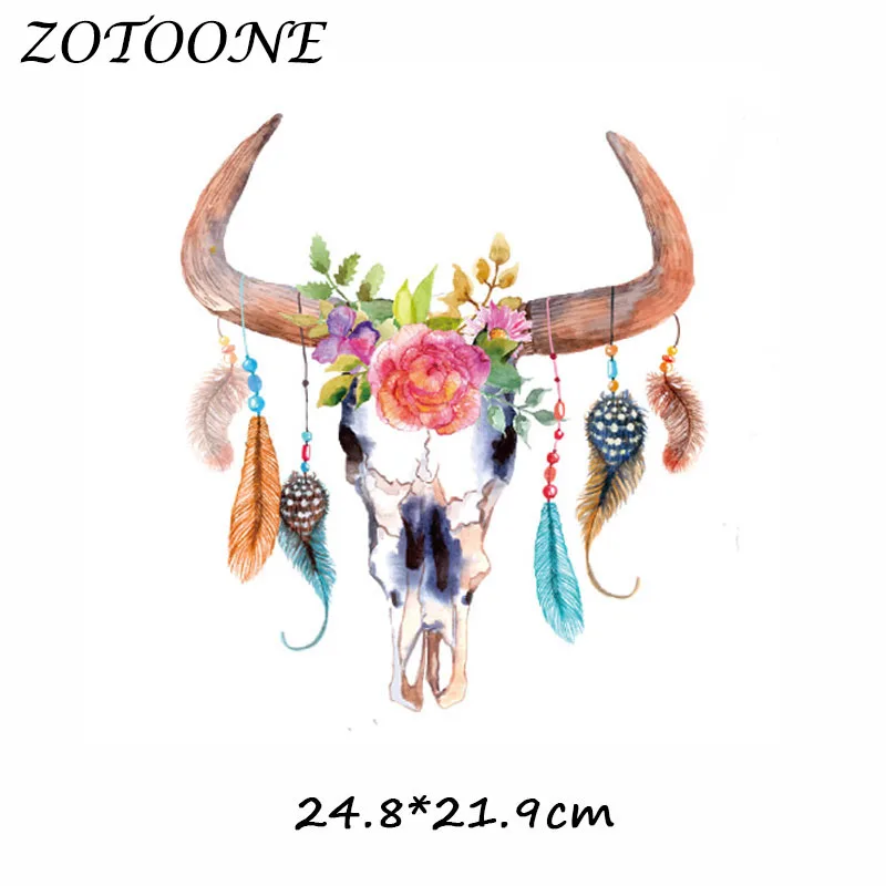 ZOTOONE Flower Feather Bull Head Patch for Clothes T Shirt Ironing on Patches Stickers DIY Heat Transfer Accessory Appliques C