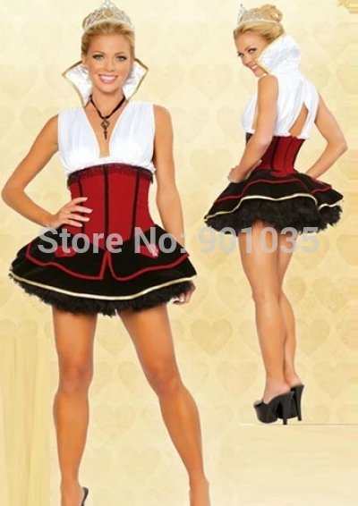 FREE SHIPPING S-2XL Red Heartless Queen costume Queen of Heart Alice in Wonderland Fancy Dress