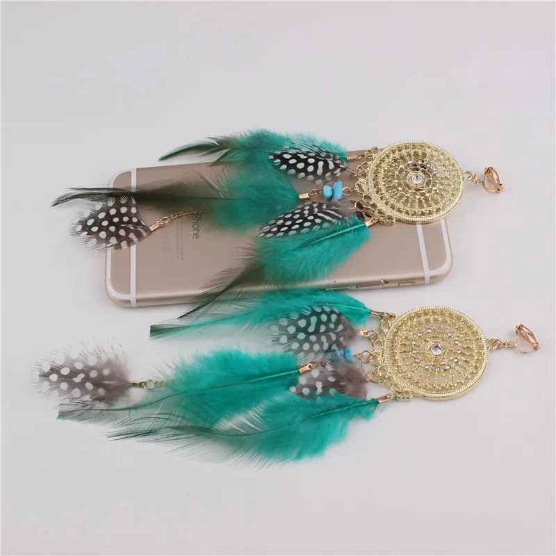 New Design Big Bohemian Ethic Real Feather Clip on Earrings for Women Elegant Gold Color Round Rhinestone Long Pierced Earrings