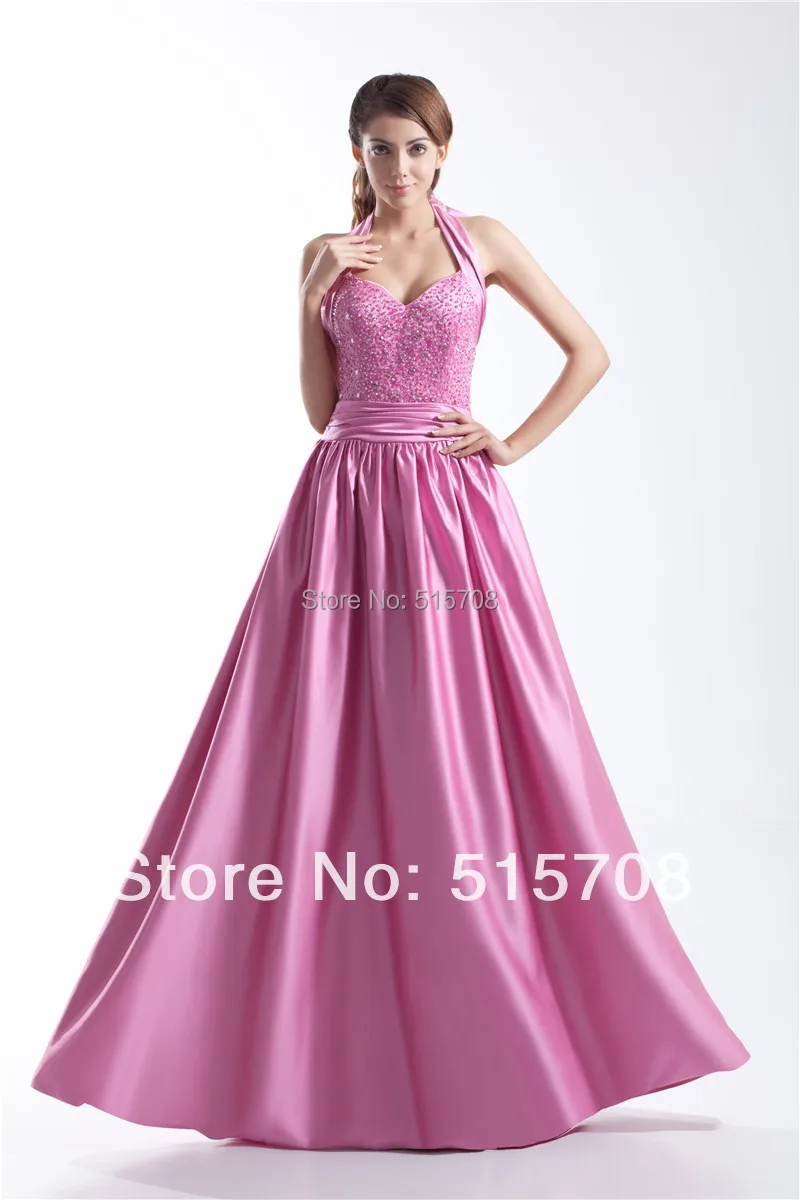 

Free Shipping New Design Beadings A Line Sleeveless Halter Full Length Formal Evening Gown Prom Dresses Custom Make