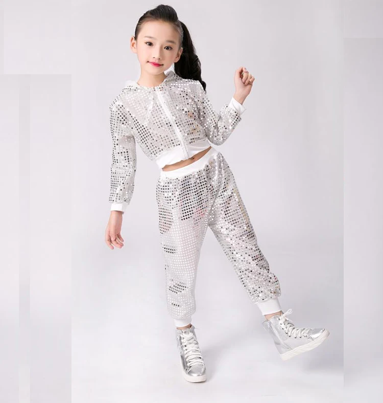 Novo conjunto de roupas para dança jazz infantil, fantasia de cheerleading hip hop, top e calças para meninos e meninas, conjunto de roupas de desempenho com lantejoulas