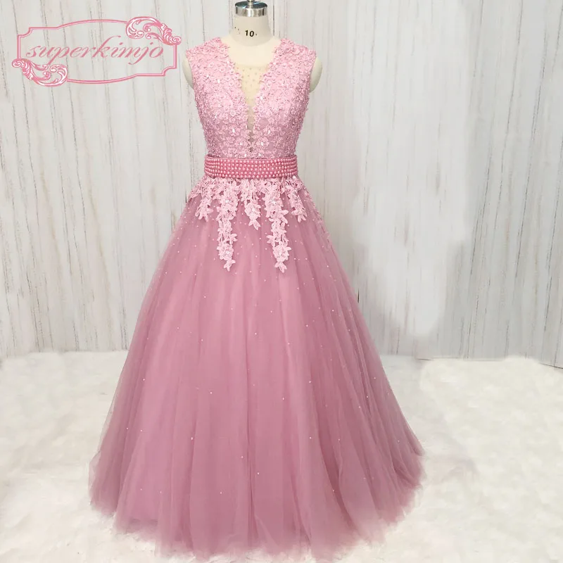 SuperKimJo Vestido De Fiesta De Boda Beaded Prom Dresses Long Sleeveless Rose Pink Prom Gowns Robe De Bal