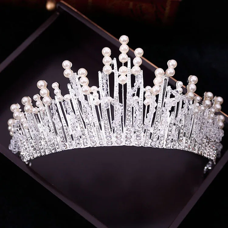 New Vintage Multilayer Luxury Silver color Crystal Pearl Tiara Crown Wedding Hair Accessories Bridal Party Jewelry Big Headbands