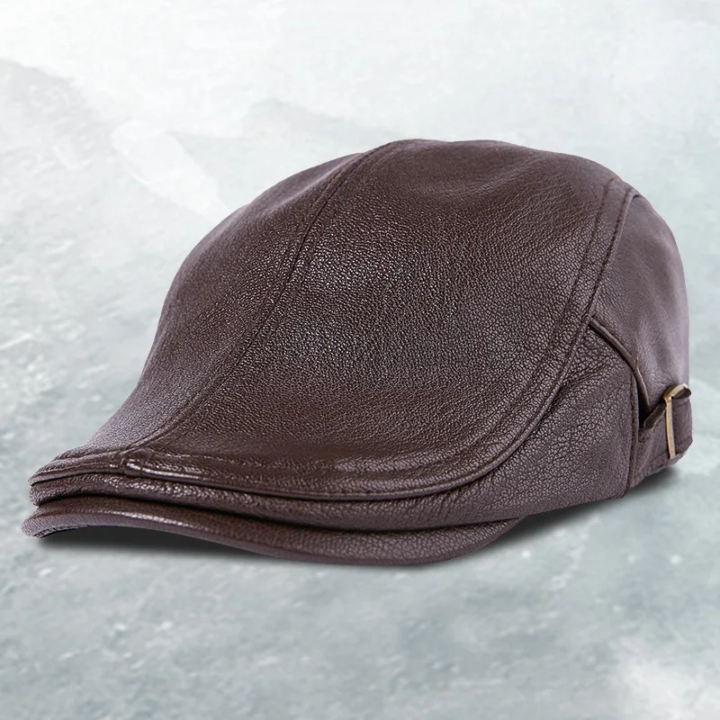 

Korean Version Visor Cap Sheepskin Genuine Leather Hat Men's Fashion Forward Hats Middle Aged Male Autumn Winter Warm Caps H6977