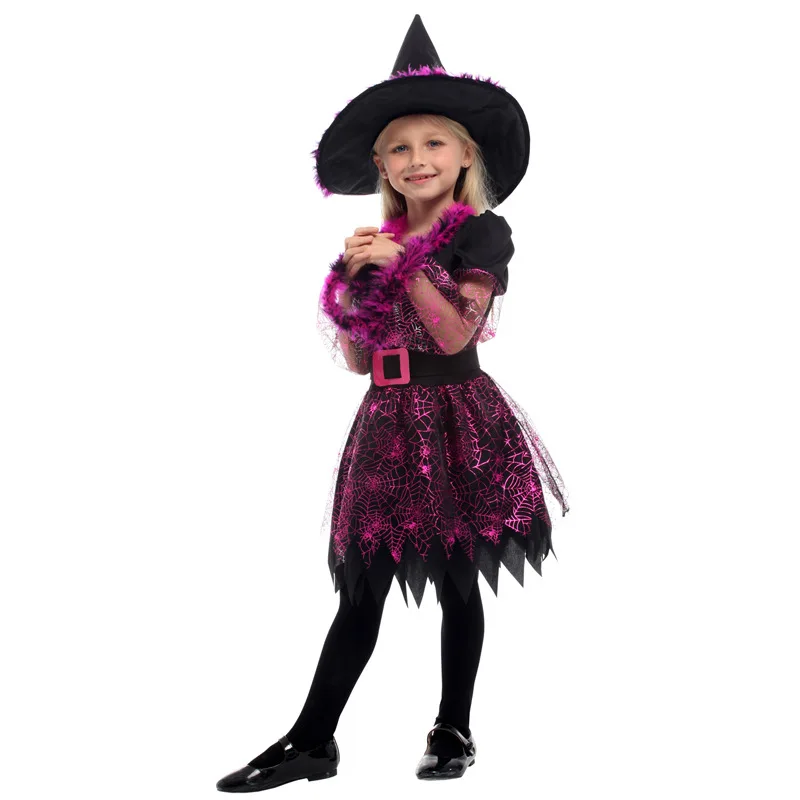 Spider Witch Costume for Kids Girl New Year Halloween Christmas Carnival Children Magician Wizard Cosplay Clothes Dress with Hat