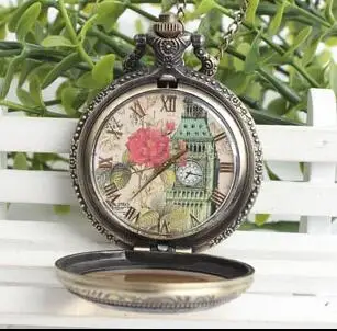 Vintage bronze Dark brown glass Roman clock tower steampunk men and woman chain pocket watches gift pp542