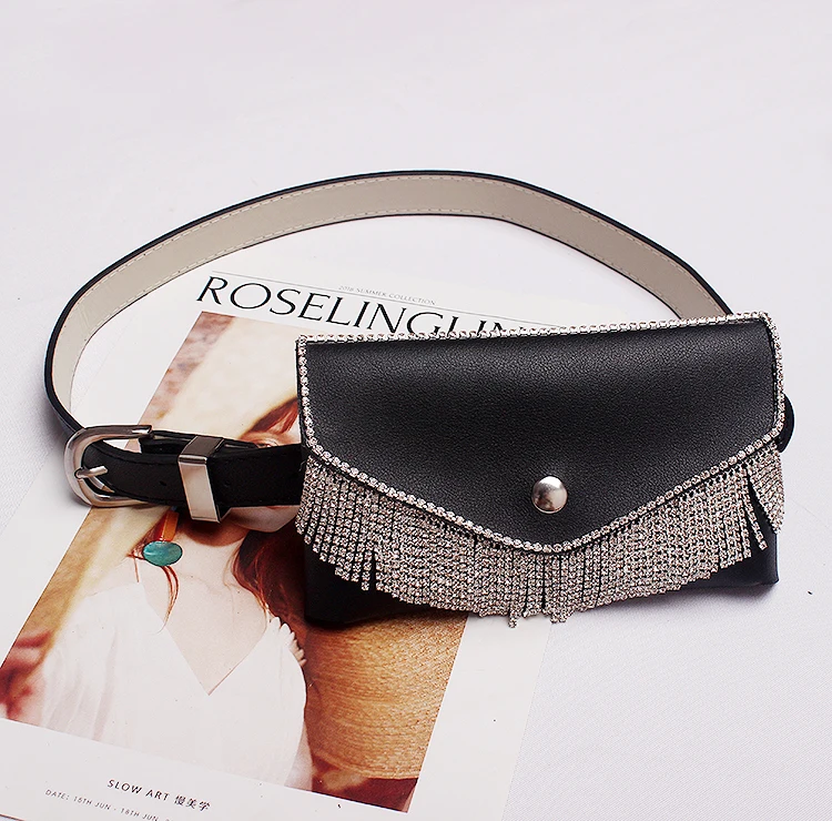 New Fashion Waist Bag Glitter Full Diamond  Dark Buckle Pu Leather Belt Pockets Belt Ladies Dual-use Three Optional Tide Bag 729