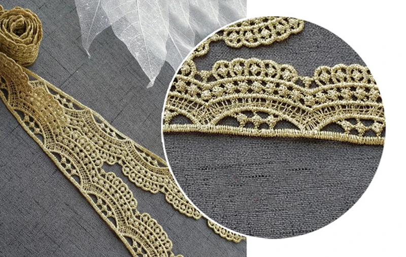 Gold Embroidered Gold Braid Lace Trimming Ribbon Trim, Wedding Applique, DIY Craft, 5Yard