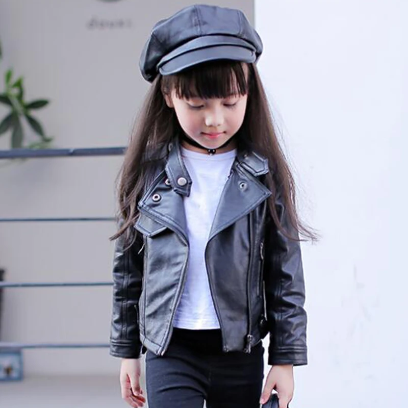 New Autumn Girls Jacket pu Leather Zipper Jacket For Girls 3-12Yrs Fashion Solid Leather Coat Children Clothing Outerwear