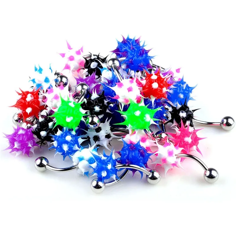 PINKSEE 5Pcs Mixed Colors Punk Stainless Steel Spike Ball Belly Button Ring Barbells Navel Rings Unisex Body Piercing Jewelry