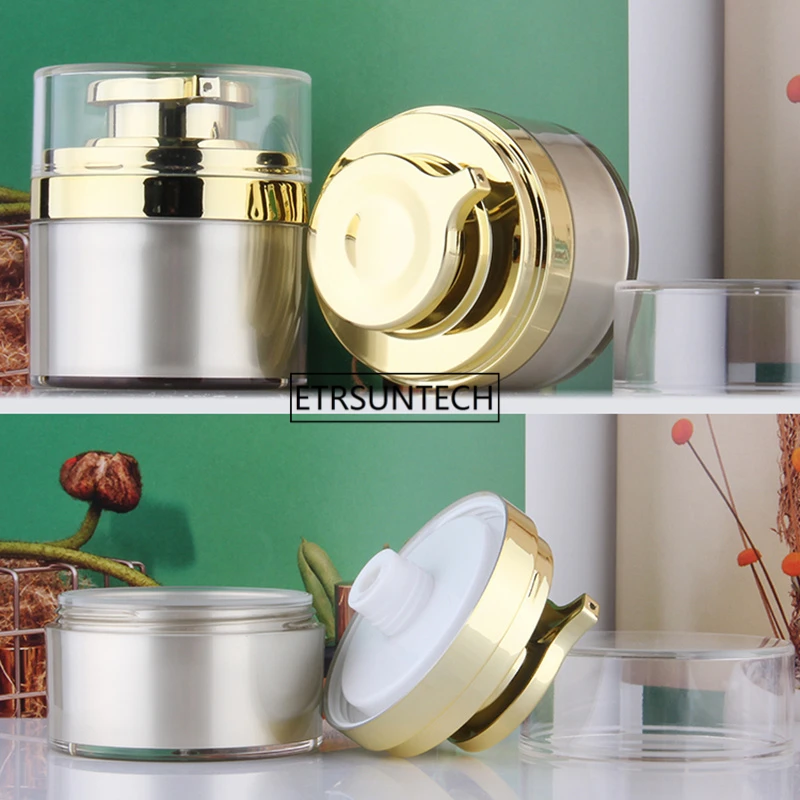 50pcs 30g 50g 30ml 50ml Airless Cosmetic Cream Round Container bottle in gold color with pressed pump F2388