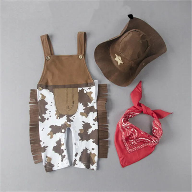 PUDCOCO 3pcs Infant Baby Boy Cowboy Outfit Set Dresses Romper Hat Formal Suit Wedding