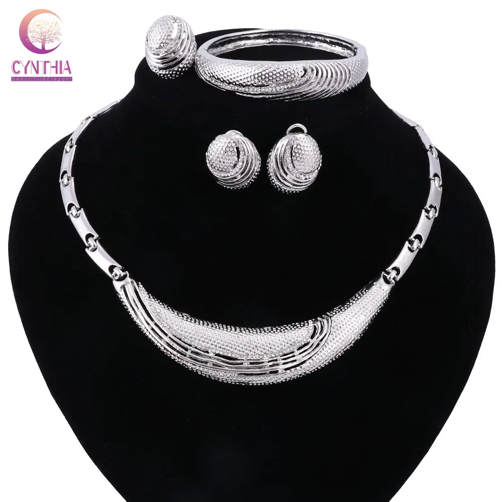 Women silver plated round jewelry sets with Bracelet earrings statement necklace for wedding boho necklace  Direct Selling