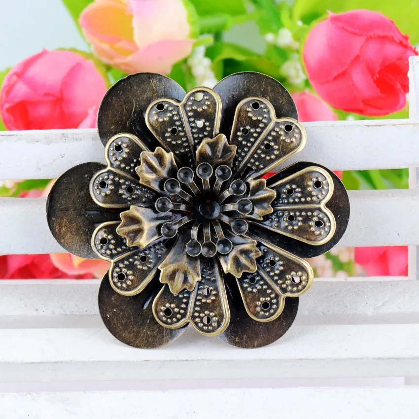 Free shipping Retail 2Pcs Antique Bronze Filigree Flower Wraps Connectors Embellishments Crafts Gift Decoration DIY 4.9x4.5cm