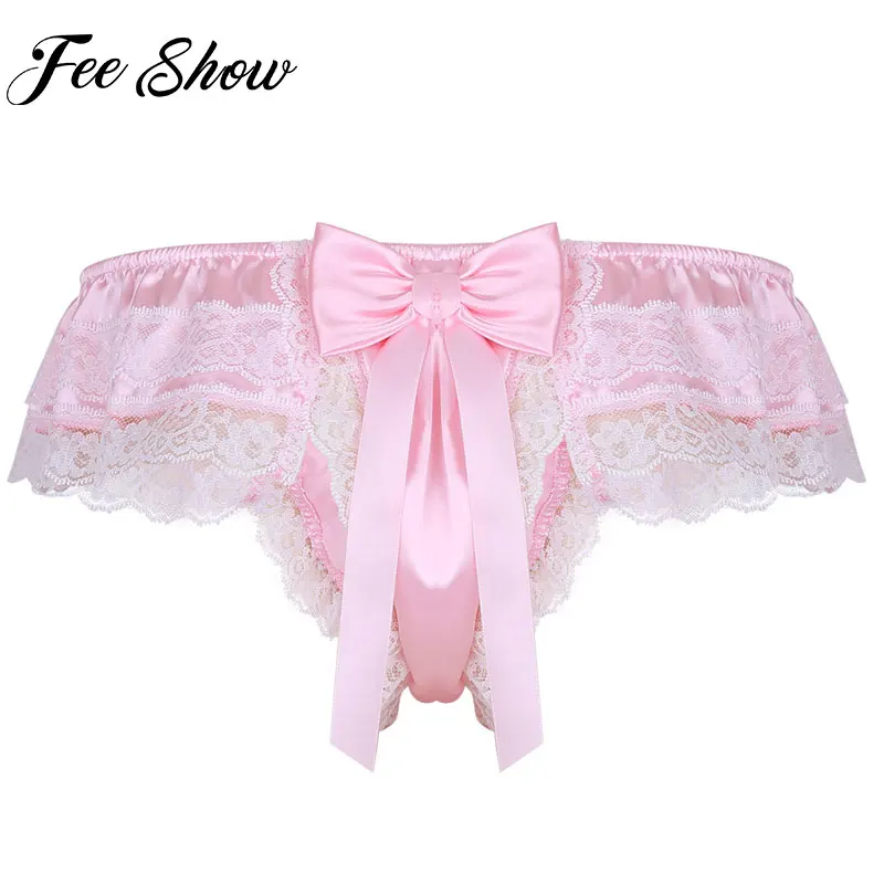 

Feeshow Mens Sissy Shiny Soft Satin Lingerie Double Layers Floral Lace Back Bowknot Low Rise Bikini Thong Underwear Male Briefs