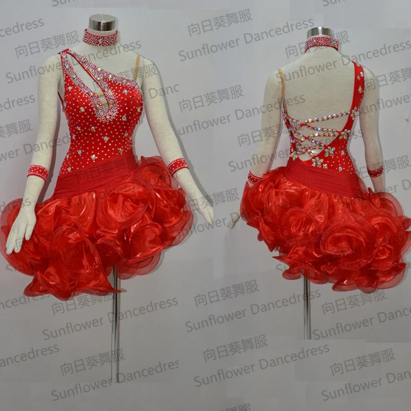Robe de danse latine de haute qualité, robe de concours rouge pour salle de bal, costumes de spectacle de danse latine pour adultes, jupe bouffante