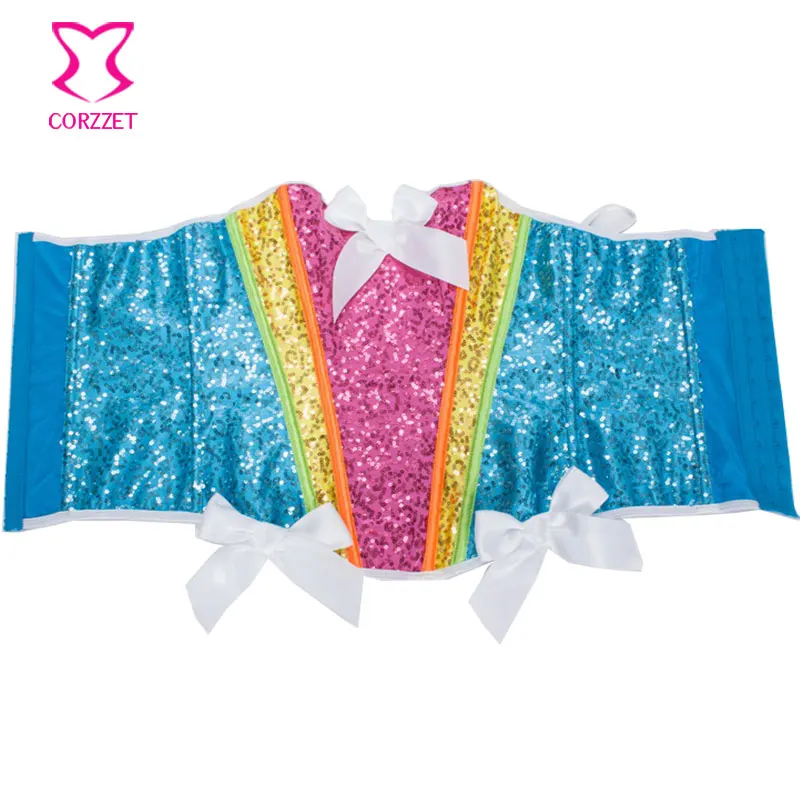 Regenbogen Pailletten Über brust Korsett Top Bustier Mujer Frauen Burlesque Rave Kleidung sexy Korsetts Espotylho Einhorn Kostüm Korsett