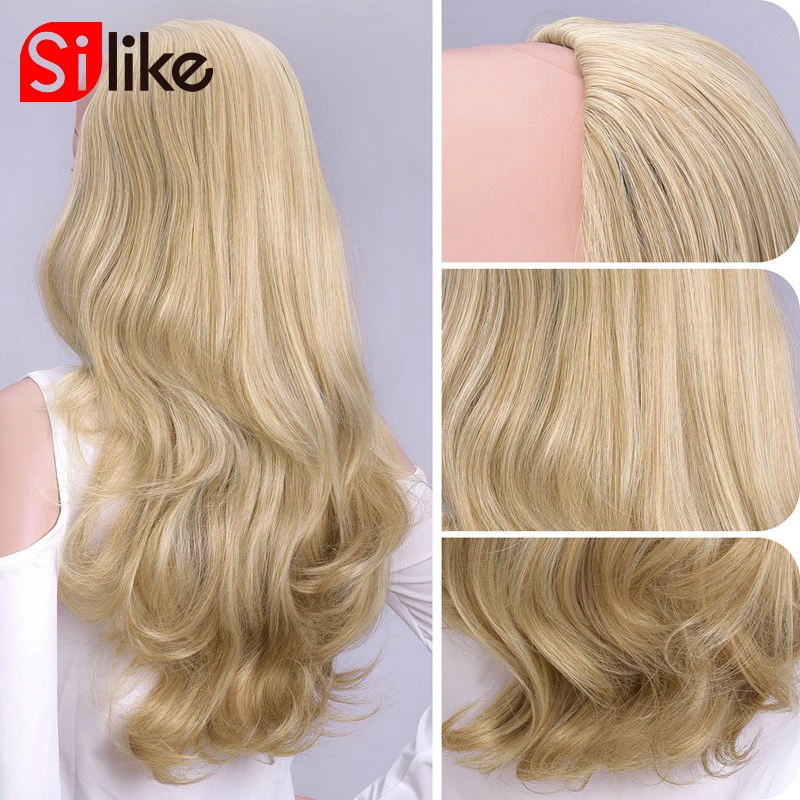 Silike Synthetic 3/4 Half Wigs 24 Inch Long Ash Blonde Wavy Wig With Clip in Hair Extension 16 Color 210g For Black White Women