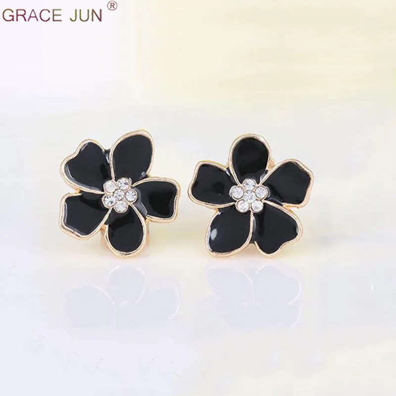 GRACE JUN Rheinstone Enamel Flower Shape Clip on Earrings Without Piercing for Girls Party Cute No Hole Ear Clip Charm Jewelry