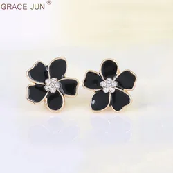 GRACE JUN Rheinstone Enamel Flower Shape Clip on Earrings Without Piercing for Girls Party Cute No Hole Ear Clip Charm Jewelry