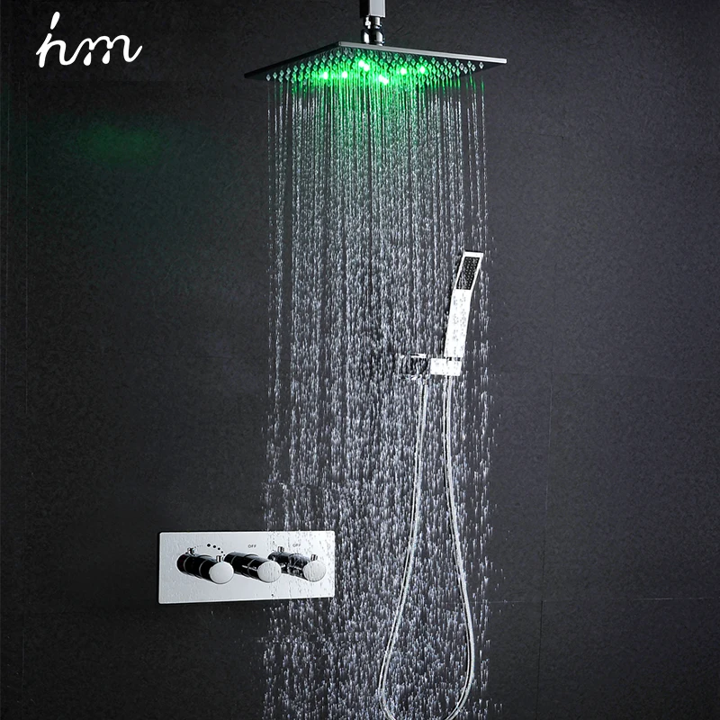 hm Thermostatic Shower Set 10Inch LED Showerhead Panel Bathroom Rain Faucets Saving Water Wall Mounted Box Chrome System