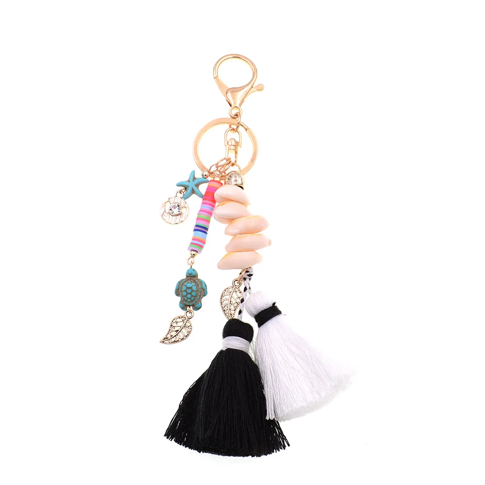 WELLMORE BOHO style keychain shandmade shell with long tassel alloy Key Chain For Women Girl Bag Keychain