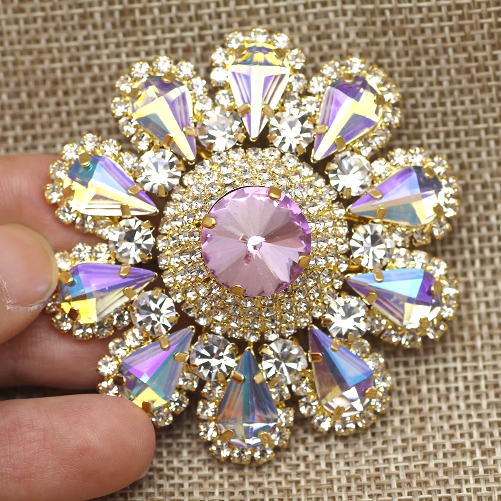 55mm colorful Round Flower Shape sew on rhinestone with golden claw setting Rhinestone Buttons for clothing Dress decoration