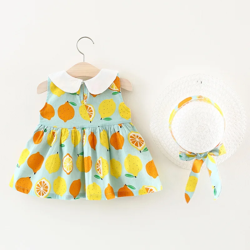 Summer Baby Girls Dresses Children Clothing Sleeveless Lemon Princess Dress with Hat First Birthday Girl Party Clothes A284 - view 3