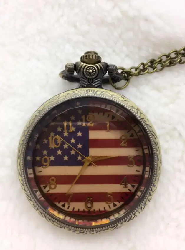 Wholesale 10 PCS Bronze Fashion Classic USA American Flag Quartz Pocket Watch Analog Pendant Necklace Chain Mens Womens Gifts