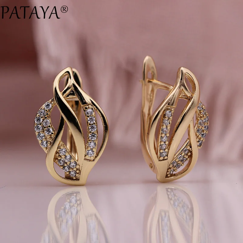 PATAYA New Leaf Shape Hollow Earring 585 Rose Gold Color Women Cute Fine Fashion Jewelry White Round Natural Zircon Drop Earring