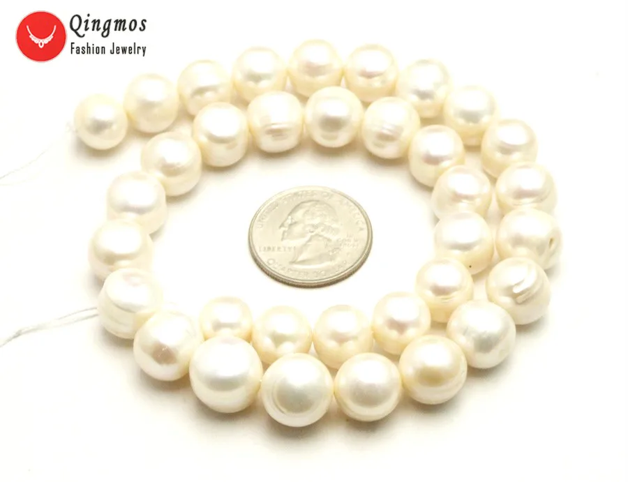 Qingmos 11-14mm White Round Natural Freshwater Pearl Loose Beads Strands for Jewelry Making Necklace Bracelet DIY 14'' Los790