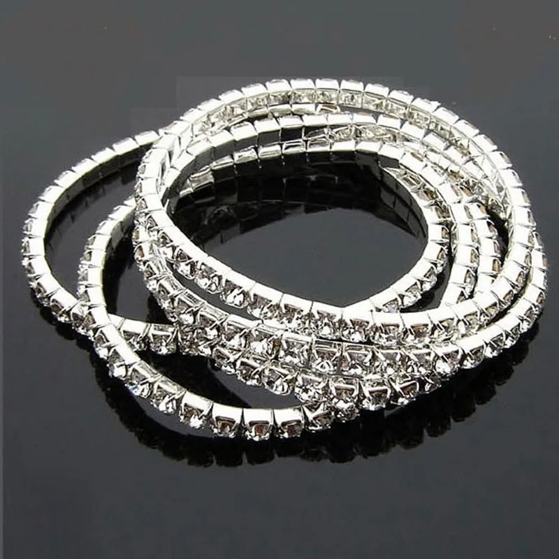 5pcs/lot Shiny Crystal Bracelets For Women Silver Color Rhinestone Stretchy Bracelets Bangles Female Wedding Prom Jewelry