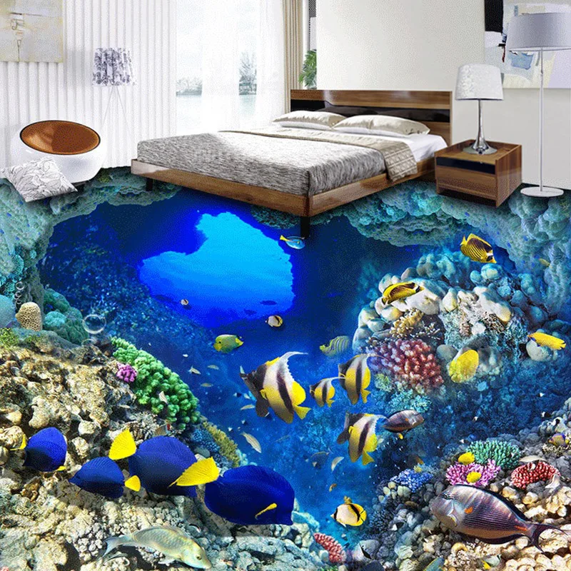 

beibehang Custom 3D Flooring Underwater World Tropical Fish Vinyl Floor Stickers Bathroom Waterproof Self-adhesive PVC Flooring