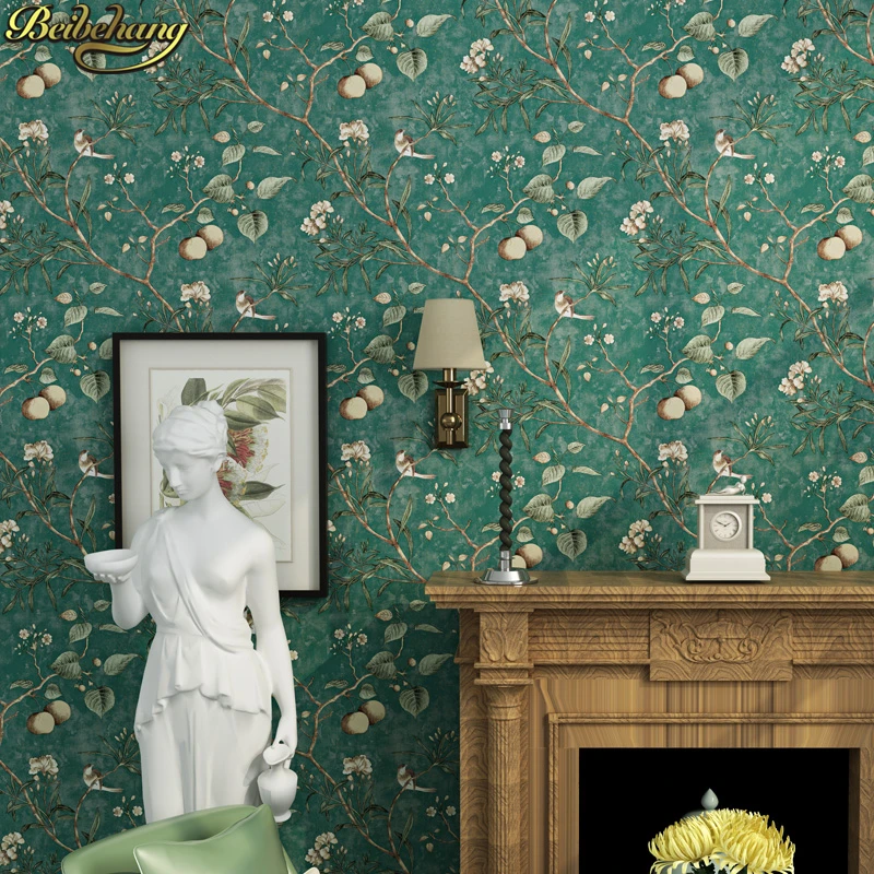 papel de parede 3d American retro apple tree flowers bird wallpaper for walls 3 d wall-paper green wall paper living room